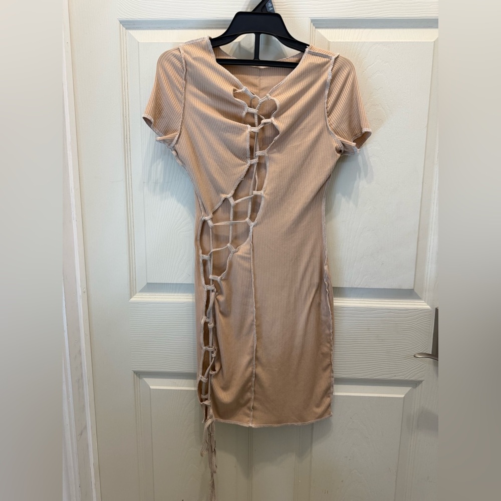 Chic Tan Asymmetrical Lace-Up Dress